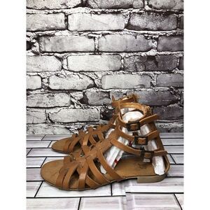 B You Brown Leather Gladiator Back Zipper Flat Sandals Women’s Sz 39EU/8.5M US